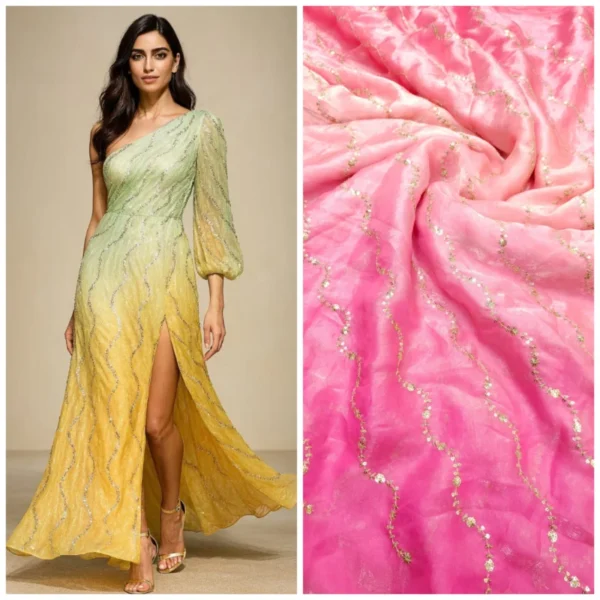 Space silk shaded with leheriya waves of sequins embrodiery a125480 - High-Quality Fabric