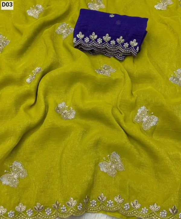 Superhit crunchy silk saree butterfly c pallu 038 moti work - High-Quality Fabric