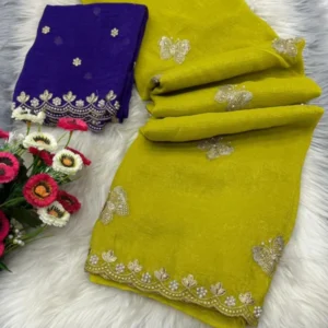 Superhit crunchy silk saree butterfly c pallu 038 moti work - High-Quality Fabric