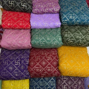 Swastik motiffs vintage work on vichitra silk - High-Quality Fabric