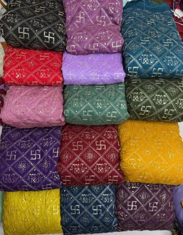 Swastik motiffs vintage work on vichitra silk - High-Quality Fabric