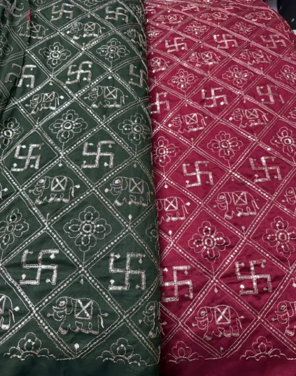 Swastik motiffs vintage work on vichitra silk - High-Quality Fabric