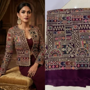 Vintage hot pink wine georgette fabric 8211 peacock deer embroidery - High-Quality Fabric