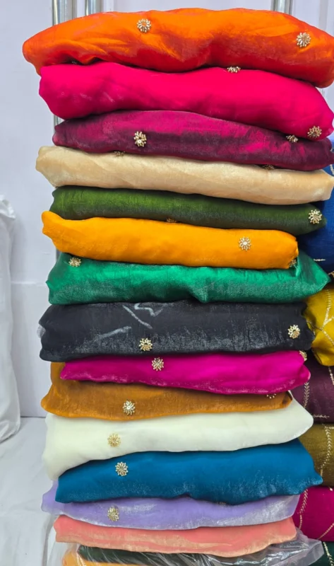 Close up of handwork butties on space silk