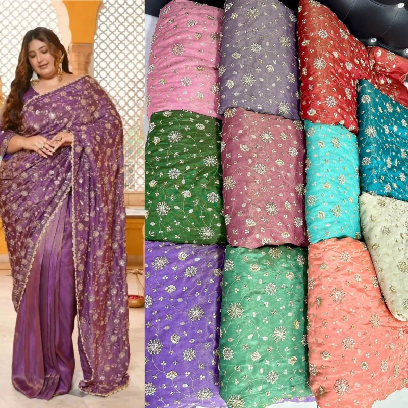 Pure shimmer tissue silk fabric with heavy all-over handwork, showing the intricate details and its shimmering effect, along with a plain matching fabric