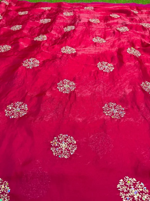 Close up of buttaa embroidery on space silk