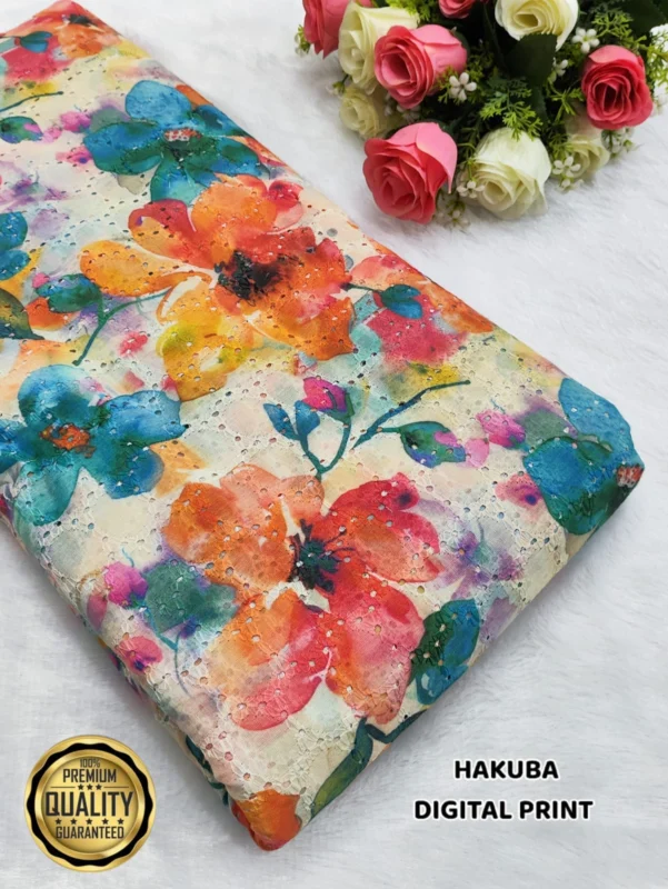 Image 2: Digital Print Hakoba Cotton Chikan Fabric digital print hakoba cotton chikan fabric for kurtis