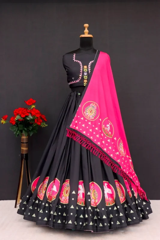 Digital Print Muslin Cotton Lehenga Choli with Dupatta Festive Indian Ethnic Wear for Navratri-4