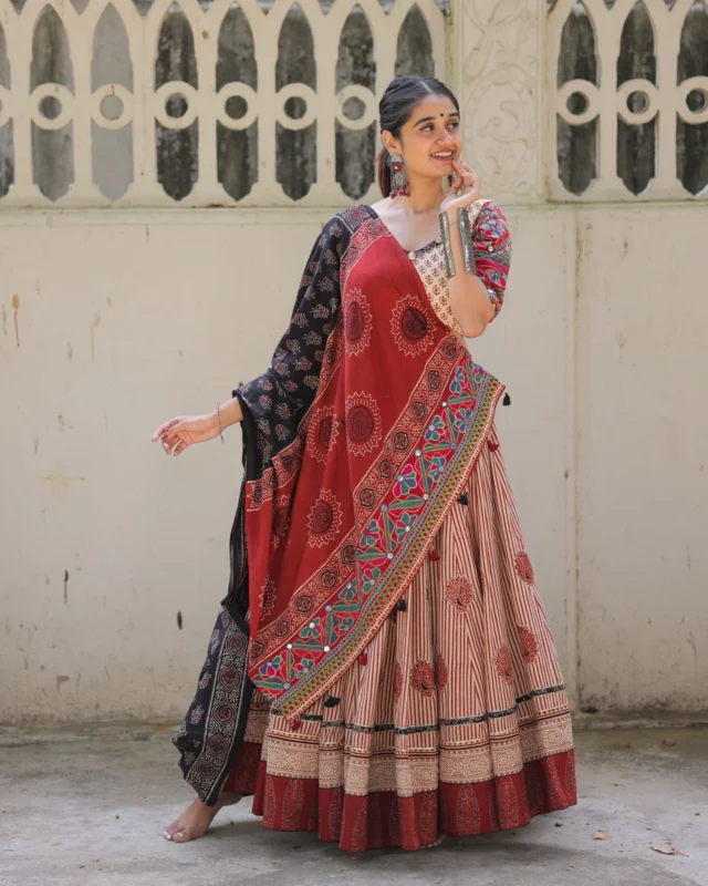 Digital Print Muslin Cotton Lehenga Choli with Real Mirror Work-1