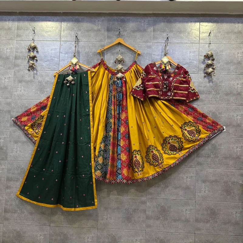 Muslin cotton lehenga choli set with digital print and real mirror work