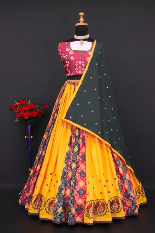 Muslin cotton lehenga choli set with digital print and real mirror work