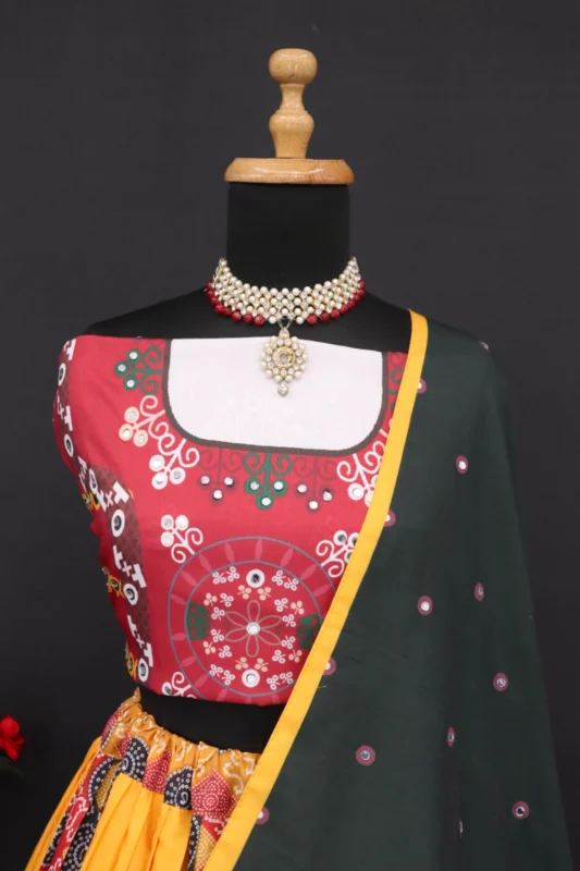 Muslin cotton lehenga choli set with digital print and real mirror work
