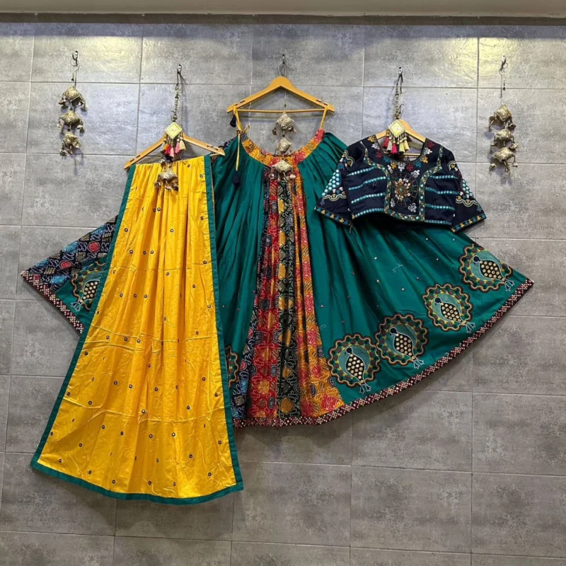 Muslin cotton lehenga choli set with digital print and real mirror work