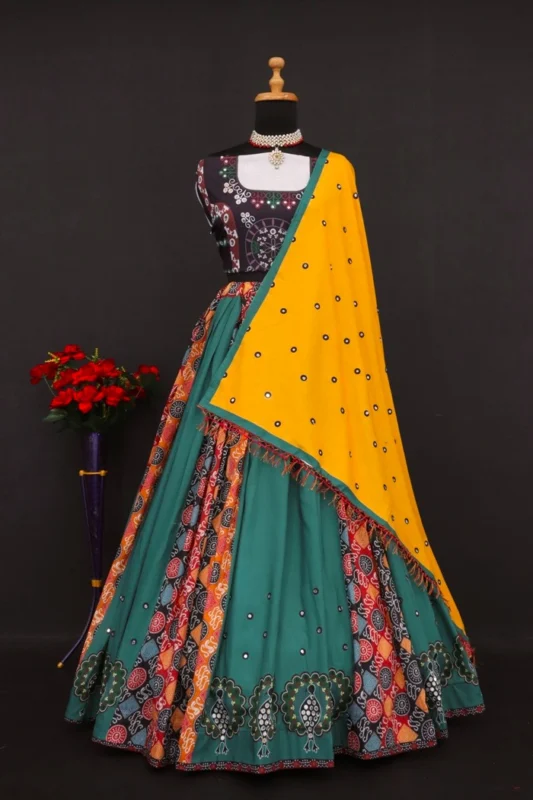 Muslin cotton lehenga choli set with digital print and real mirror work