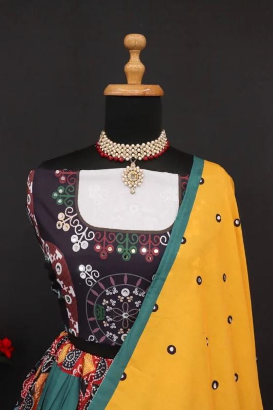 Muslin cotton lehenga choli set with digital print and real mirror work