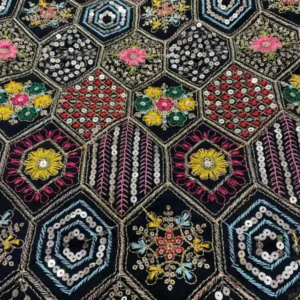 Black georgette fabric with multi sequins work embroidery sale - High-Quality Fabric