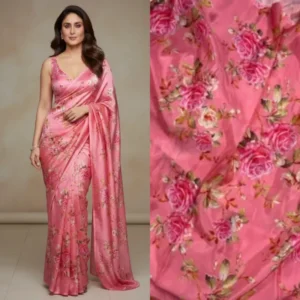 Peach colour habotai silk with floral digital print 65m for saree or gown - High-Quality Fabric