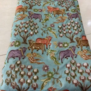 Aqua blue natural crepe fabric gokul cow embroidery designer - High-Quality Fabric