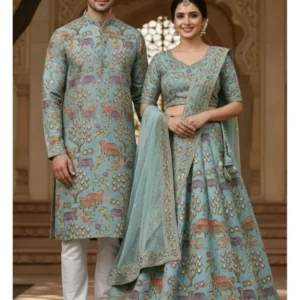 Aqua blue natural crepe fabric gokul cow embroidery designer - High-Quality Fabric