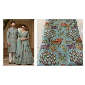 Aqua blue natural crepe fabric gokul cow embroidery designer - High-Quality Fabric