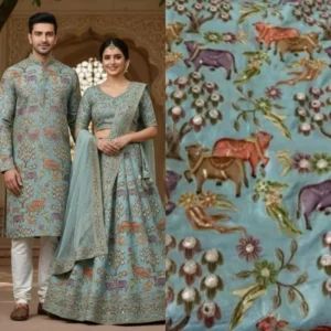 Aqua blue natural crepe fabric gokul cow embroidery designer - High-Quality Fabric