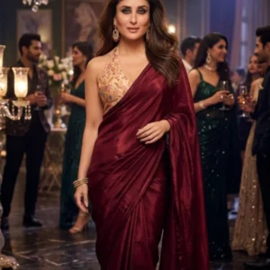 Maroon space silk plain fabric kareena kapoor inspired saree look - High-Quality Fabric