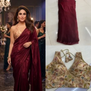 Maroon space silk plain fabric kareena kapoor inspired saree look - High-Quality Fabric