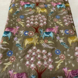 Muddy green natural crepe designer fabric gokul cow embroidery - High-Quality Fabric