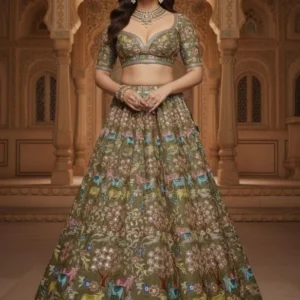 Muddy green natural crepe designer fabric gokul cow embroidery - High-Quality Fabric