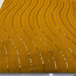Mustard yellow georgette fabric with sequins leheriya work - High-Quality Fabric