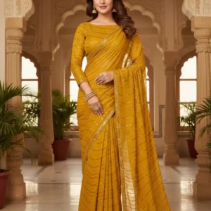 Mustard yellow georgette fabric with sequins leheriya work - High-Quality Fabric