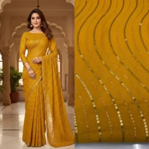Mustard yellow georgette fabric with sequins leheriya work - High-Quality Fabric