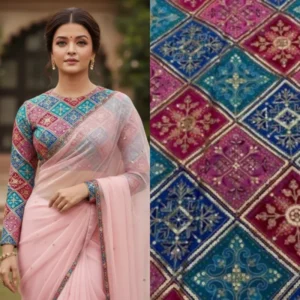 Pure chinnon fabric with bandhani print and patola style position embroidery on print - High-Quality Fabric