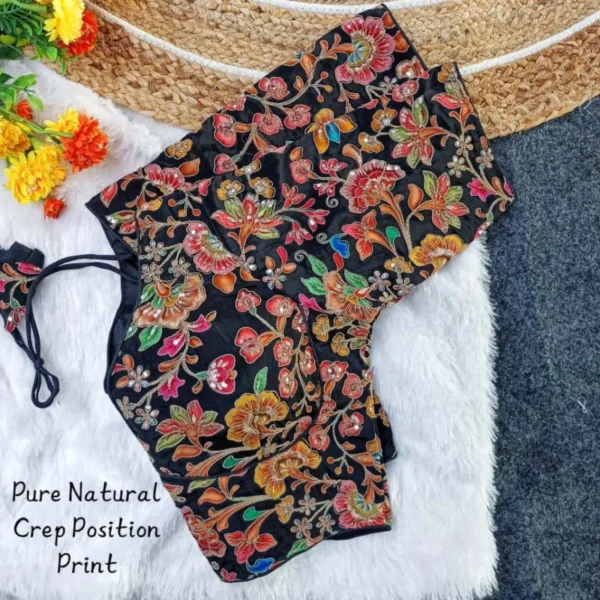 Pure crepe sabyasachi style position print blouse for party - High-Quality Fabric