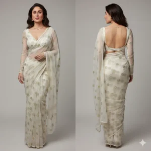 Pure dyeable chiffon banarasi butta fabric 8211 golden silver zari - High-Quality Fabric