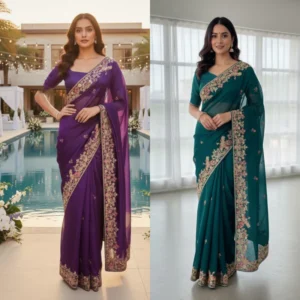 Soft zimmy chu saree sequin butta cutwork border shop now - High-Quality Fabric