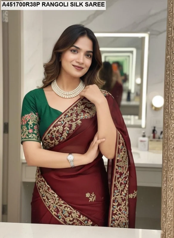 Soft rangoli silk saree for wedding c pallu embroidery - High-Quality Fabric