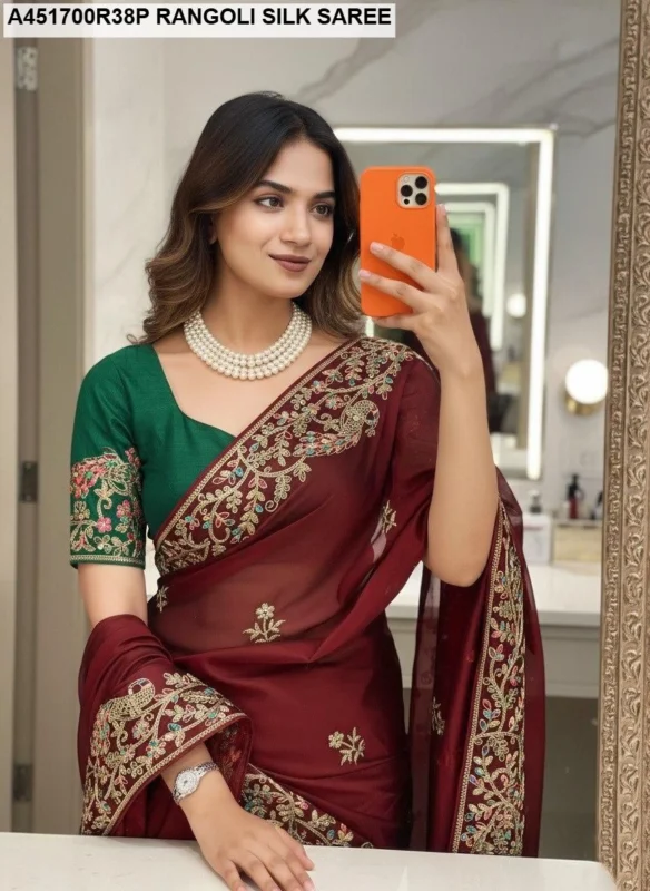 Soft rangoli silk saree for wedding c pallu embroidery - High-Quality Fabric