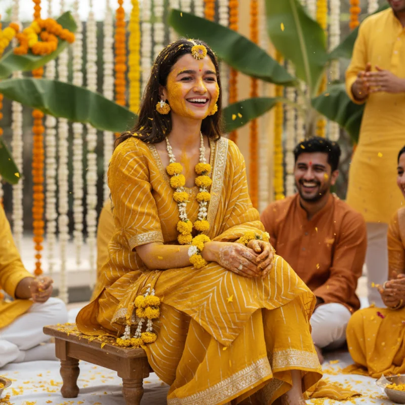 alia bhatt in haldi ceremony Premium roman silk gota patti work fabric - High-Quality Fabric