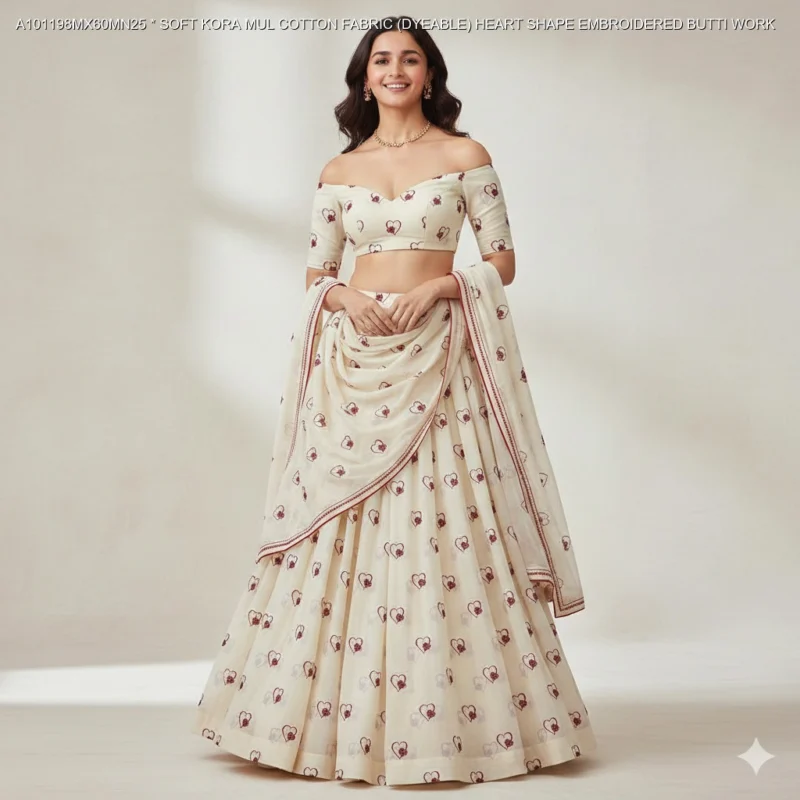 Alia bhatt inspired soft kora mul cotton heart butti fabric - High-Quality Fabric