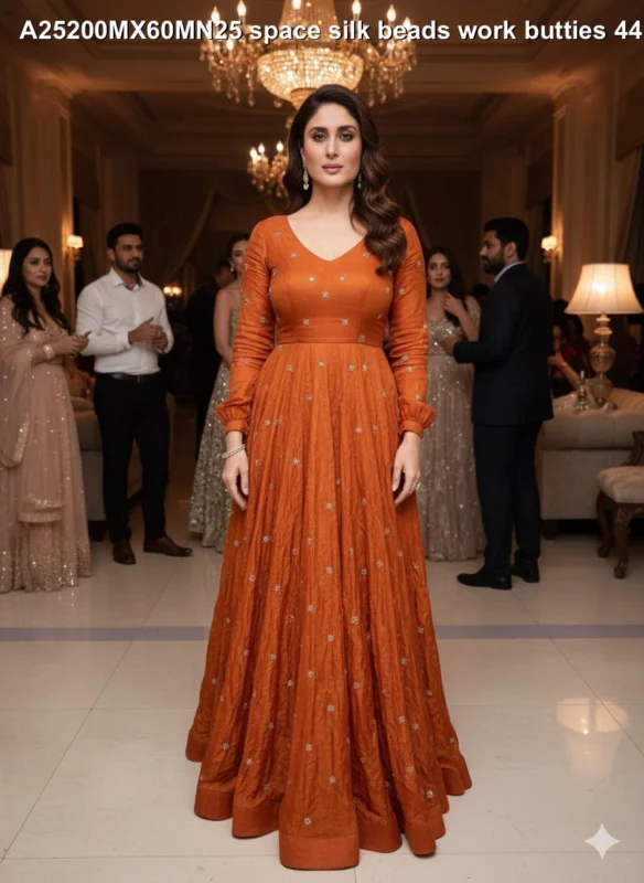 Bollywood glamour space silk fabric with beads butties kareena kapoor gown style - High-Quality Fabric