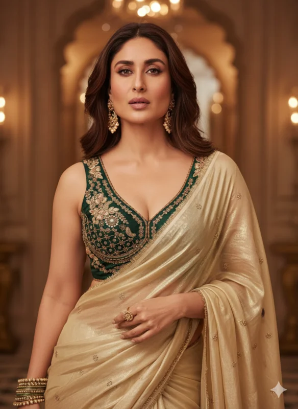 Kareena kapoor golden shimmer saree with sweetheart neck blouse - High-Quality Fabric