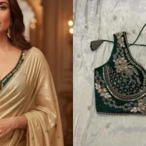 Kareena kapoor golden shimmer saree with sweetheart neck blouse - High-Quality Fabric