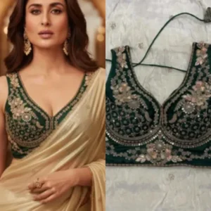 Kareena kapoor golden shimmer saree with sweetheart neck blouse - High-Quality Fabric