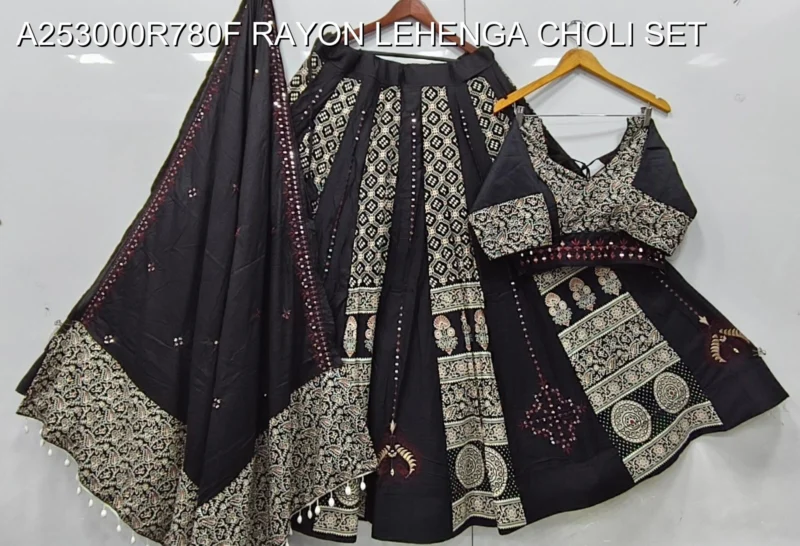 Navratri printed rayon lehenga choli with mirror work - High-Quality Fabric