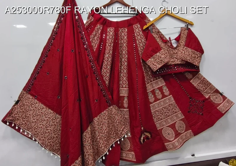 Navratri printed rayon lehenga choli with mirror work - High-Quality Fabric