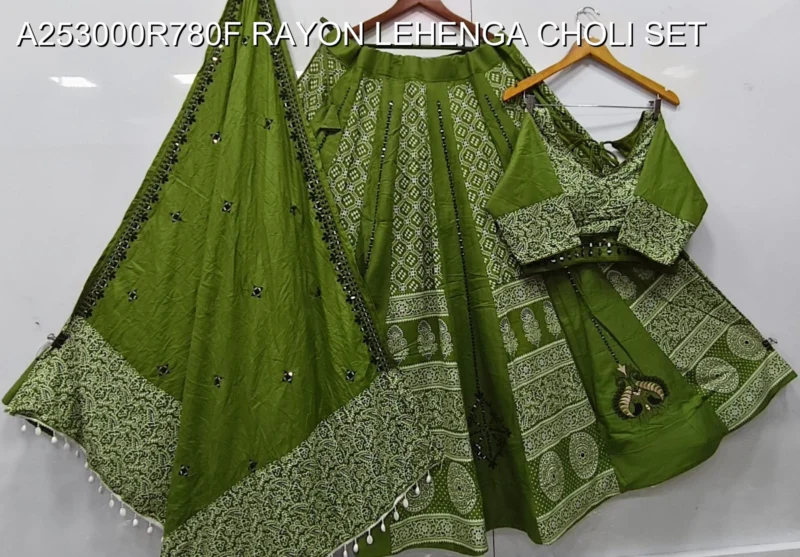 Navratri printed rayon lehenga choli with mirror work - High-Quality Fabric