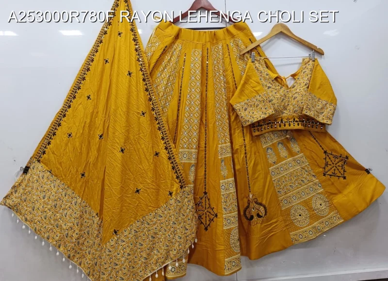 Navratri printed rayon lehenga choli with mirror work - High-Quality Fabric