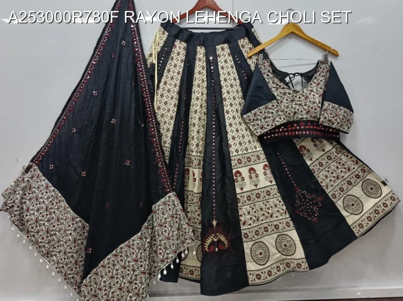 Navratri printed rayon lehenga choli with mirror work - High-Quality Fabric