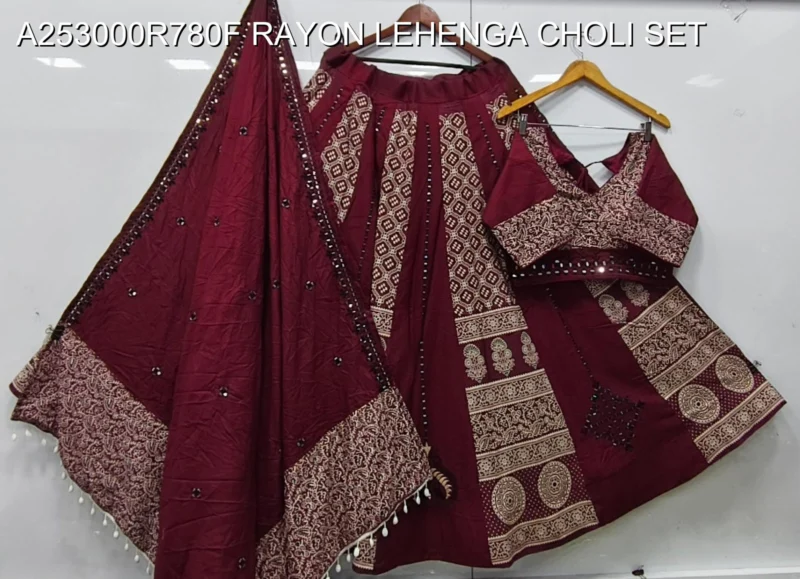 Navratri printed rayon lehenga choli with mirror work - High-Quality Fabric